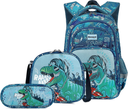 Kids Backpack Boys,Boys Backpack with Lunch Box Multi Compartment Backpack, Dinosaur Backpack Chest Strap Side Pockets 16 Inch