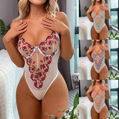 Floral Embroidery Bodysuit Women High Cut Out Bandage Bodies Sexy Sleeveless Bodycon Transparent Lingerie Mesh Bodysuits Top