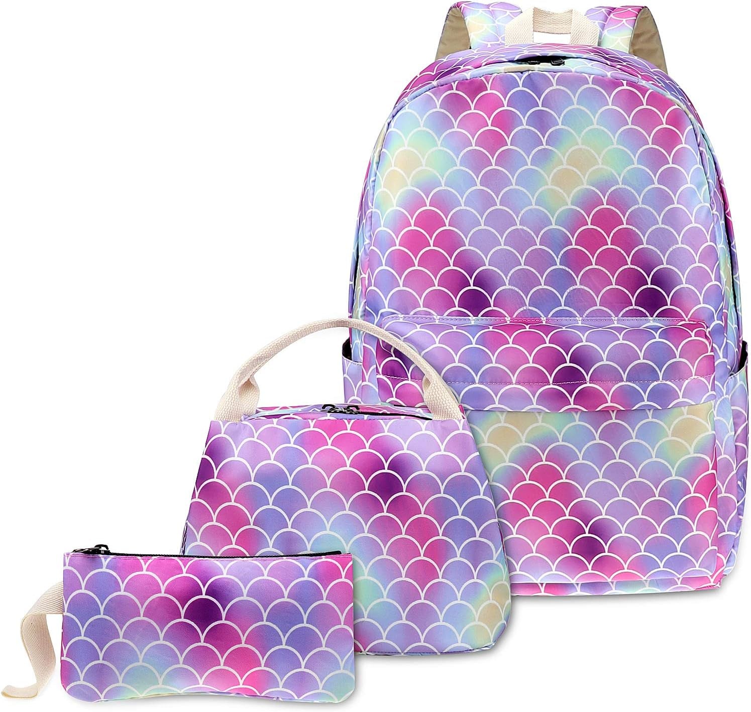 Mermaid Rainbow School Backpack for Girls, Kids Teen School Bags Bookbags with Lunch Box and Pencil Case (Pink)