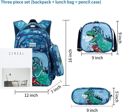 Kids Backpack Boys,Boys Backpack with Lunch Box Multi Compartment Backpack, Dinosaur Backpack Chest Strap Side Pockets 16 Inch