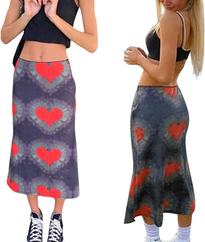 Womens Y2K 90S Vintage Mesh Sheer Floral Print Hight Waist Midi A-Line Skirts Streetwear