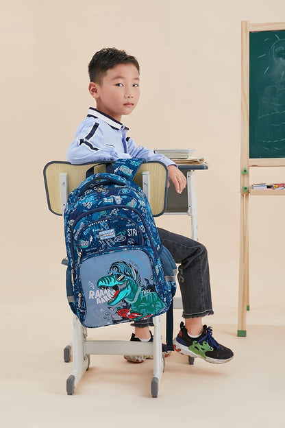 Kids Backpack Boys,Boys Backpack with Lunch Box Multi Compartment Backpack, Dinosaur Backpack Chest Strap Side Pockets 16 Inch