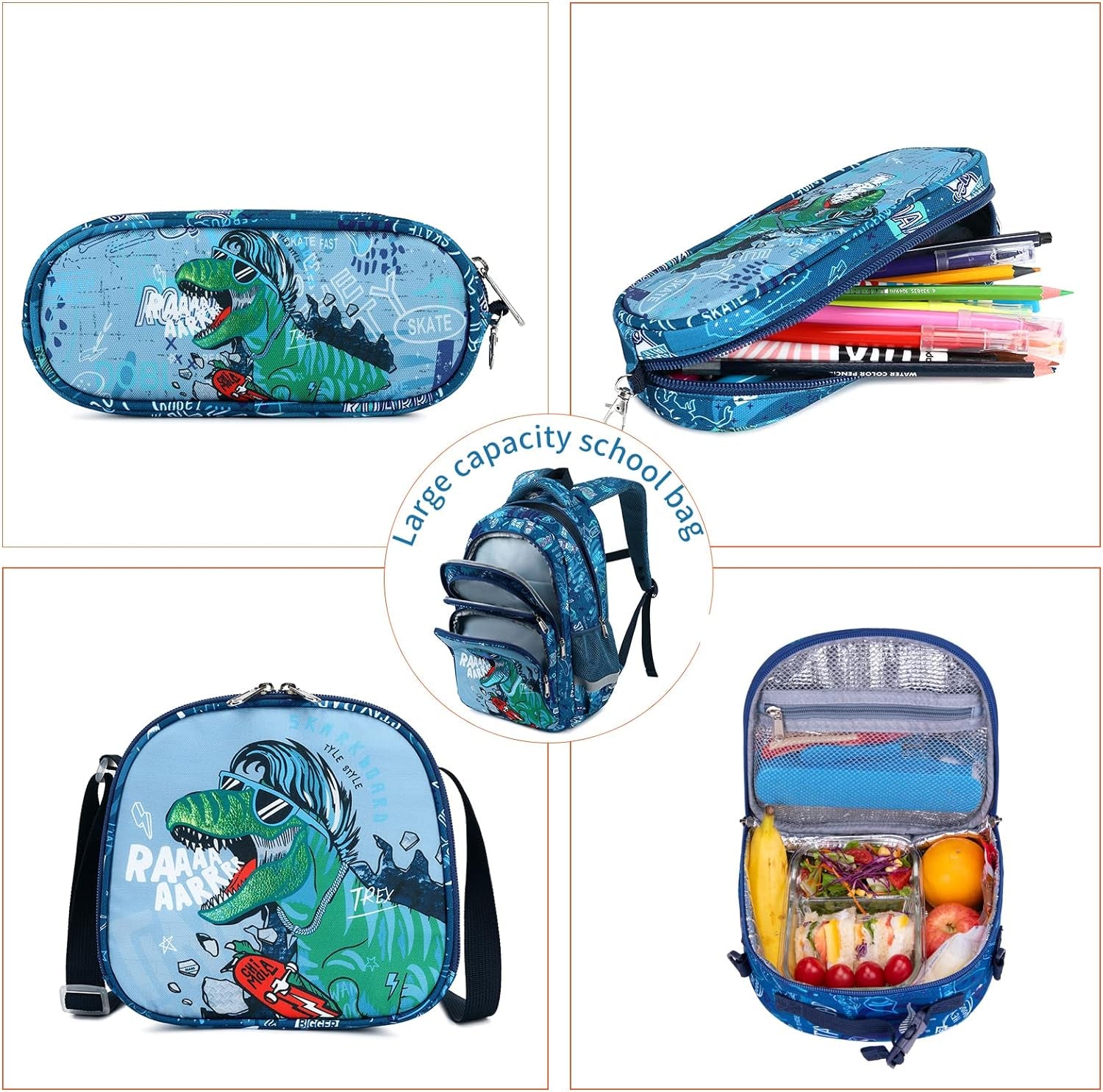 Kids Backpack Boys,Boys Backpack with Lunch Box Multi Compartment Backpack, Dinosaur Backpack Chest Strap Side Pockets 16 Inch