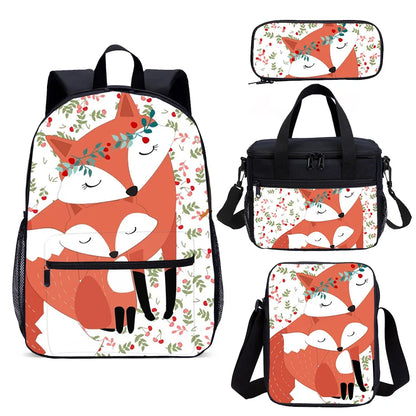 Animals Fox Pattern 3D Print School Backpack Set 4 Pcs School Bag for Child Student School Book Bag Back to School Best Gift